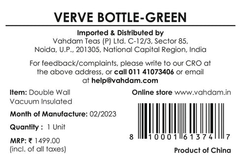 Vahdam Tea Verve Bottle Insulated Dark Green